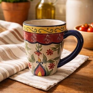 Pier 1 Hand Painted Earthenware Mug Floral Tuscan Mediterranean Blue Handle